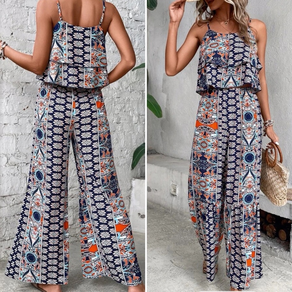 Emery Rose-Allover Print Ruffle Cami Top & Wide Leg Pant SET-by Nancy Zhang-Sz L